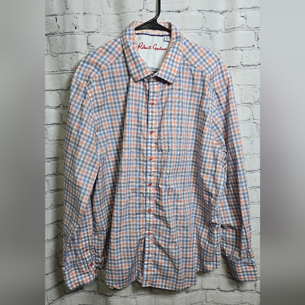 Robert Graham Blue & Peach Plaid Button-Down Long Sleeve Shirt Size 3XL